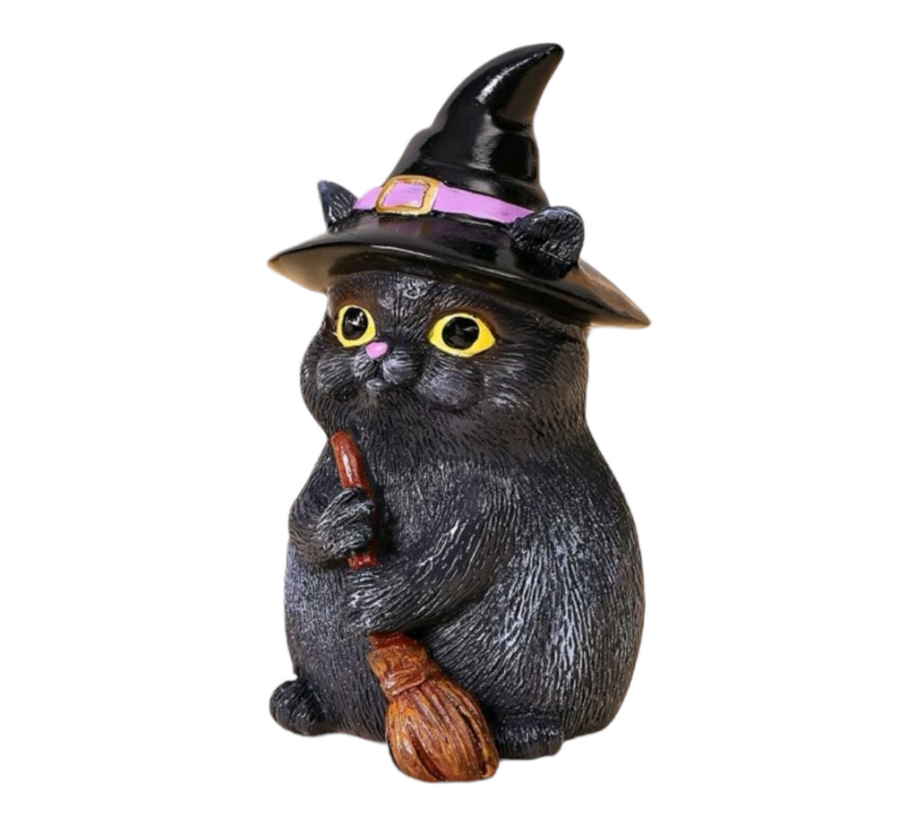 Statue de chat noir avec chapeau de sorcière, Figurines croissant de lune,  chat à balai mignon, ornements'hal