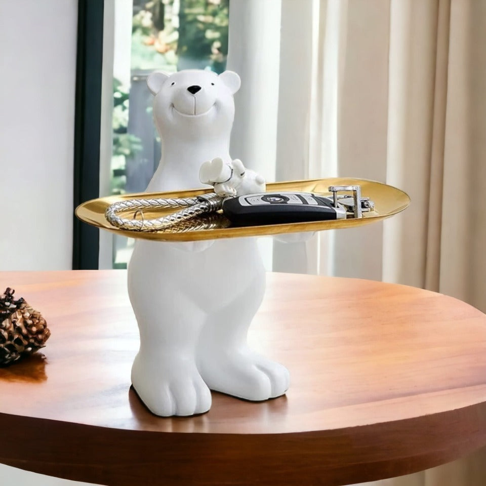 Sculpture Ours Avec Plateau Décoratif En Résine Et Acier Inoxydable - Idéal Salon Et Bureau