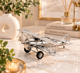 Avion Décoratif Vintage en Métal Argenté – Miniature Biplan Rétro