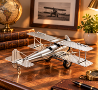 Avion Décoratif Vintage en Métal Argenté – Miniature Biplan Rétro