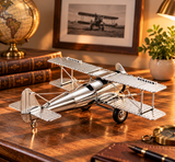 Avion Décoratif Vintage en Métal Argenté – Miniature Biplan Rétro